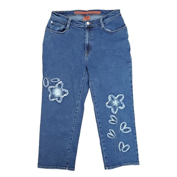💎012 Bonjour Denim High Waist Embroidered Floral Boho Cropped Capri Jeans - Picture 1 of 11